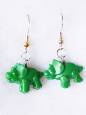 Handmade Green HDPE Triceratops Dinosaur Dangle Earrings Recycled Jewelry
